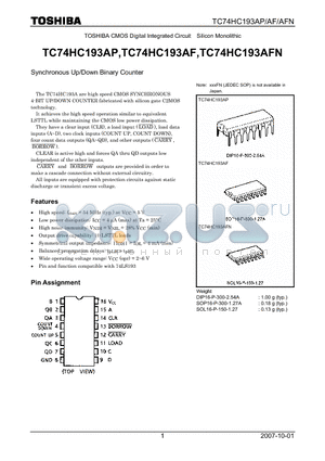 TC74HC193AF datasheet - Synchronous Up/Down Binary Counter