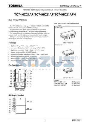 TC74HC21AF datasheet - CMOS Digital Integrated Circuit Silicon Monolithic Dual 4-Input AND Gate