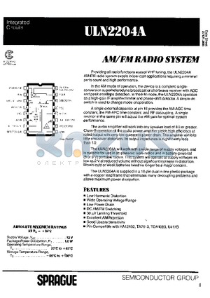 ULN2204A-22 datasheet - AM/FM RADIO SYSTEM