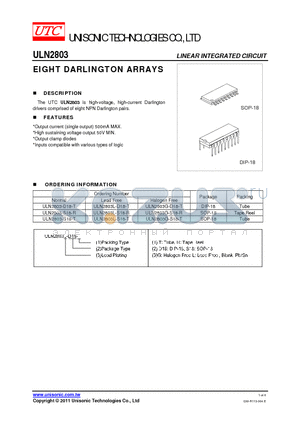 ULN2803-D18-T datasheet - EIGHT DARLINGTON ARRAYS