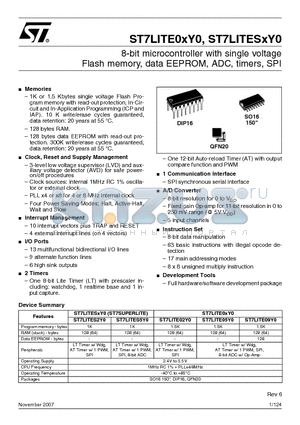 ST7FLITE02Y0U6 datasheet - 8-bit microcontroller with single voltage Flash memory, data EEPROM, ADC, timers, SPI
