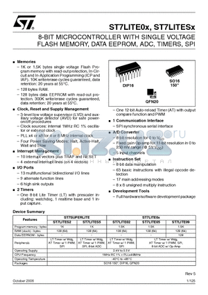 ST7FLITE05Y0B6 datasheet - 8-BIT MICROCONTROLLER WITH SINGLE VOLTAGE FLASH MEMORY, DATA EEPROM, ADC, TIMERS, SPI