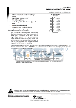 ULN2803A datasheet - DARLINGTON TRANSISTOR ARRAY