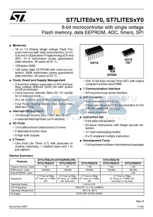 ST7FLITE05Y0B6 datasheet - 8-bit microcontroller with single voltage Flash memory, data EEPROM, ADC, timers, SPI