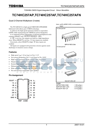 TC74HC257AFN datasheet - Quad 2-Channel Multiplexer (3-state)