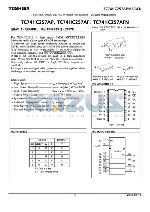 TC74HC257AP datasheet - QUAD 2-CHANEL MULTIPLEXER (3-STATE)