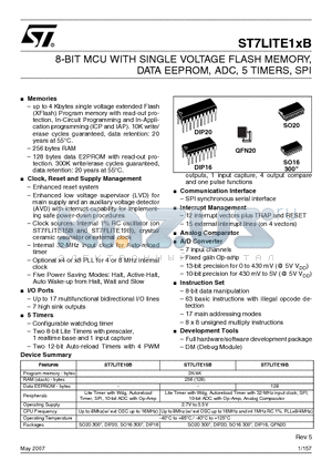 ST7FLIT15BY1BX datasheet - 8-BIT MCU WITH SINGLE VOLTAGE FLASH MEMORY, DATA EEPROM, ADC, 5 TIMERS, SPI