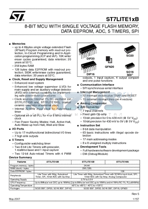 ST7FLIT15BF1BX datasheet - 8-BIT MCU WITH SINGLE VOLTAGE FLASH MEMORY, DATA EEPROM, ADC, 5 TIMERS, SPI