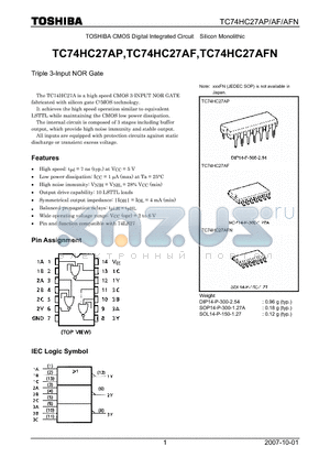 TC74HC27AF datasheet - CMOS Digital Integrated Circuit Silicon Monolithic Triple 3-Input NOR Gate