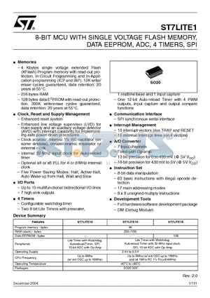 ST7FLITE19F1B6 datasheet - 8-BIT MCU WITH SINGLE VOLTAGE FLASH MEMORY, DATA EEPROM, ADC, 4 TIMERS, SPI