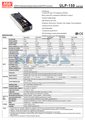ULP-150-24 datasheet - 150W U-Bracket Single Output with PFC Function