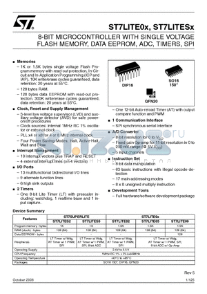 ST7FLITES2Y0B6 datasheet - 8-BIT MICROCONTROLLER WITH SINGLE VOLTAGE FLASH MEMORY, DATA EEPROM, ADC, TIMERS, SPI