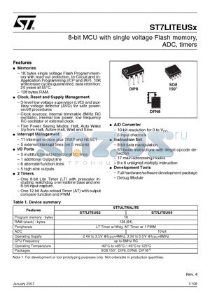 ST7FLITEUS2M3 datasheet - 8-bit MCU with single voltage Flash memory, ADC, timers