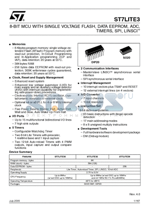 ST7FLITE39F2M6 datasheet - 8-BIT MCU WITH SINGLE VOLTAGE FLASH, DATA EEPROM, ADC, TIMERS, SPI, LINSCI