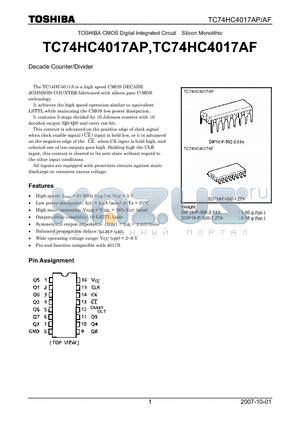 TC74HC4017AP datasheet - CMOS Digital Integrated Circuit Silicon Monolithic Decade Counter/Divider