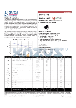 SGA-0363Z datasheet - DC-5000 MHz, Silicon Germanium Cascadeable Gain Block