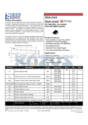 SGA-2163Z datasheet - DC-5000 MHz, Cascadable SiGe HBT MMIC Amplifier