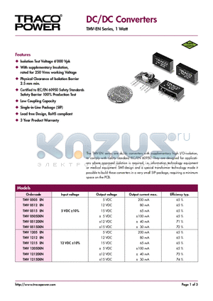 TMV0515DEN datasheet - DC/DC Converters (TMV-EN Series, 1 Watt)