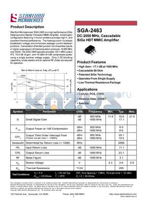 SGA-2463 datasheet - DC-2000 MHZ CASCADABLE SIGE HBT MMIC AMPLIFIER