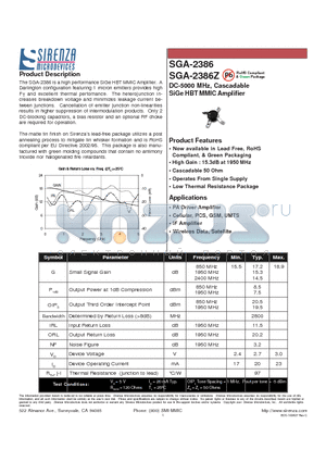 SGA-2386Z datasheet - DC-5000 MHz, Cascadable SiGe HBT MMIC Amplifier