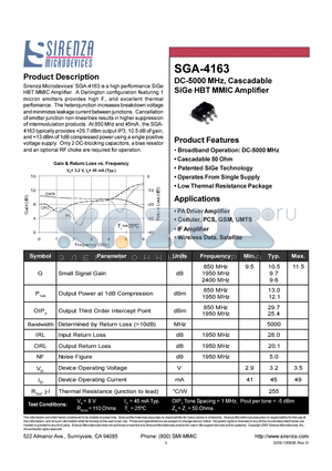 SGA-4163 datasheet - DC-5000 MHZ CASCADABLE SIGE HBT MMIC AMPLIFIER