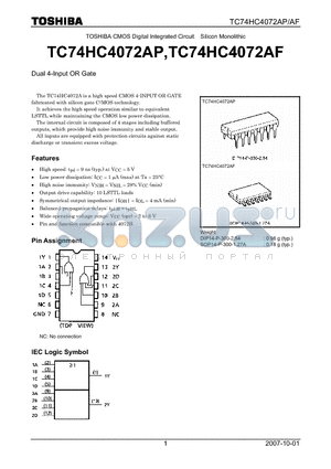TC74HC4072AP_07 datasheet - CMOS Digital Integrated Circuit Silicon Monolithic Dual 4-Input OR Gate