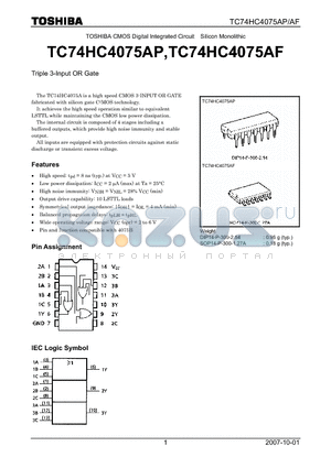 TC74HC4075AP datasheet - CMOS Digital Integrated Circuit Silicon Monolithic Triple 3-Input OR Gate