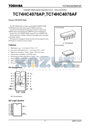 TC74HC4078AP datasheet - CMOS Digital Integrated Circuit Silicon Monolithic 8-Input OR/NOR Gate