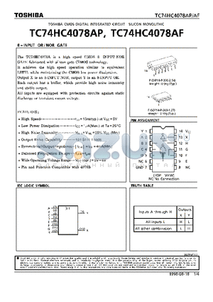 TC74HC4078AF datasheet - 8-INPUT OR/NOR GATE