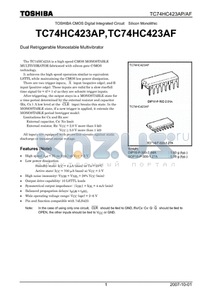 TC74HC423AF datasheet - CMOS Digital Integrated Circuit Silicon Monolithic Dual Retriggerable Monostable Multivibrator