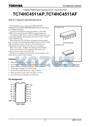 TC74HC4511AF datasheet - CMOS Digital Integrated Circuit Silicon Monolithic BCD-to-7 Segment Latch/Decoder/Driver