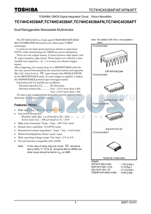 TC74HC4538AF datasheet - Dual Retriggerable Monostable Multivibrator