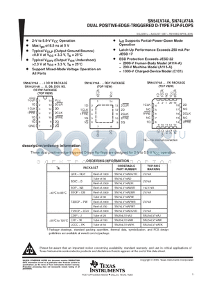 SN74LV74A datasheet - DUAL POSITIVE-EDGE-TRIGGERED D-TYPE FLIP-FLOPS