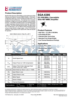 SGA-6386 datasheet - DC-3000 MHz, Cascadable SiGe HBT MMIC Amplifier