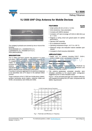 VJ3505 datasheet - VJ 3505 UHF Chip Antenna for Mobile Devices