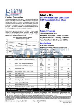 SGA-7489 datasheet - DC-3000 MHz Silicon Germanium HBT Cascadeable Gain Block
