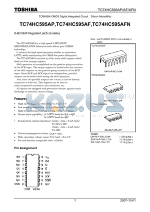TC74HC595AP datasheet - CMOS Digital Integrated Circuit Silicon Monolithic 8-Bit Shift Register/Latch (3-state)