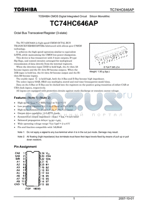 TC74HC646AP datasheet - CMOS Digital Integrated Circuit Silicon Monolithic Octal Bus Transceiver/Register (3-state)