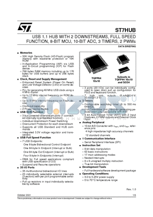 ST7HUB datasheet - USB 1.1 HUB WITH 2 DOWNSTREAMS, FULL SPEED FUNCTION, 8-BIT MCU, 10-BIT ADC, 3 TIMERS, 2 PWMs