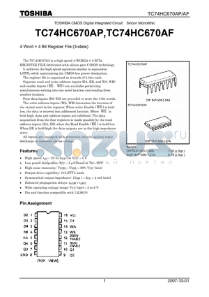 TC74HC670AP_07 datasheet - CMOS Digital Integrated Circuit Silicon Monolithic 4 Word  4 Bit Register File (3-state)