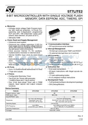 ST7LITE2 datasheet - 8-BIT MICROCONTROLLER WITH SINGLE VOLTAGE FLASH MEMORY, DATA EEPROM, ADC, TIMERS, SPI