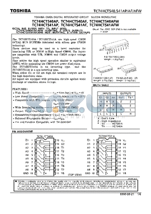 TC74HCT540AP datasheet - OCTAL BUS BUFFER WITH TTL INPUT LEVEL. INVERTING/NON-INVERTING, 3-STATE OUTPUTS