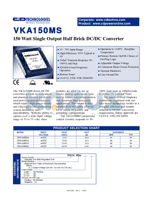 VKA150MS15 datasheet - 150 WATT SINGLE OUTPUT HALF BRICK DC/DC CONVERTER