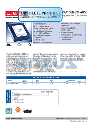 VKA150MS24-205C datasheet - 150 Watt Single Output Half Brick DC/DC Converter