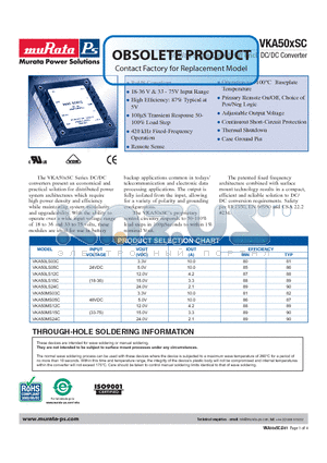 VKA50LS15C datasheet - 50 Watt Single Output Half Brick DC/DC Converter