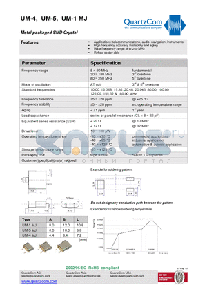 UM-5MJ datasheet - Metal packaged SMD Crystal Wide frequency range: 8 to 250 MHz