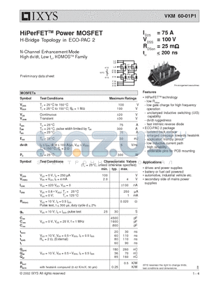 VKM60-01P1 datasheet - HiPerFET-TM Power MOSFET H-Bridge Topology in ECO-PAC 2