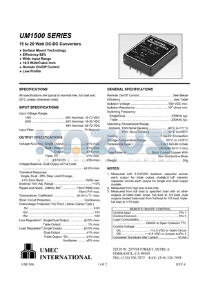 UM1514 datasheet - UM1500 SERIES, 15 to 20 Watt DC-DC Converters