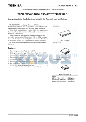 TC74LCX540F_07 datasheet - Low-Voltage Octal Bus Buffer (inverted) with 5-V Tolerant Inputs and Outputs