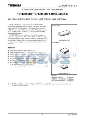 TC74LCX540F_10 datasheet - Low-Voltage Octal Bus Buffer (inverted) with 5-V Tolerant Inputs and Outputs